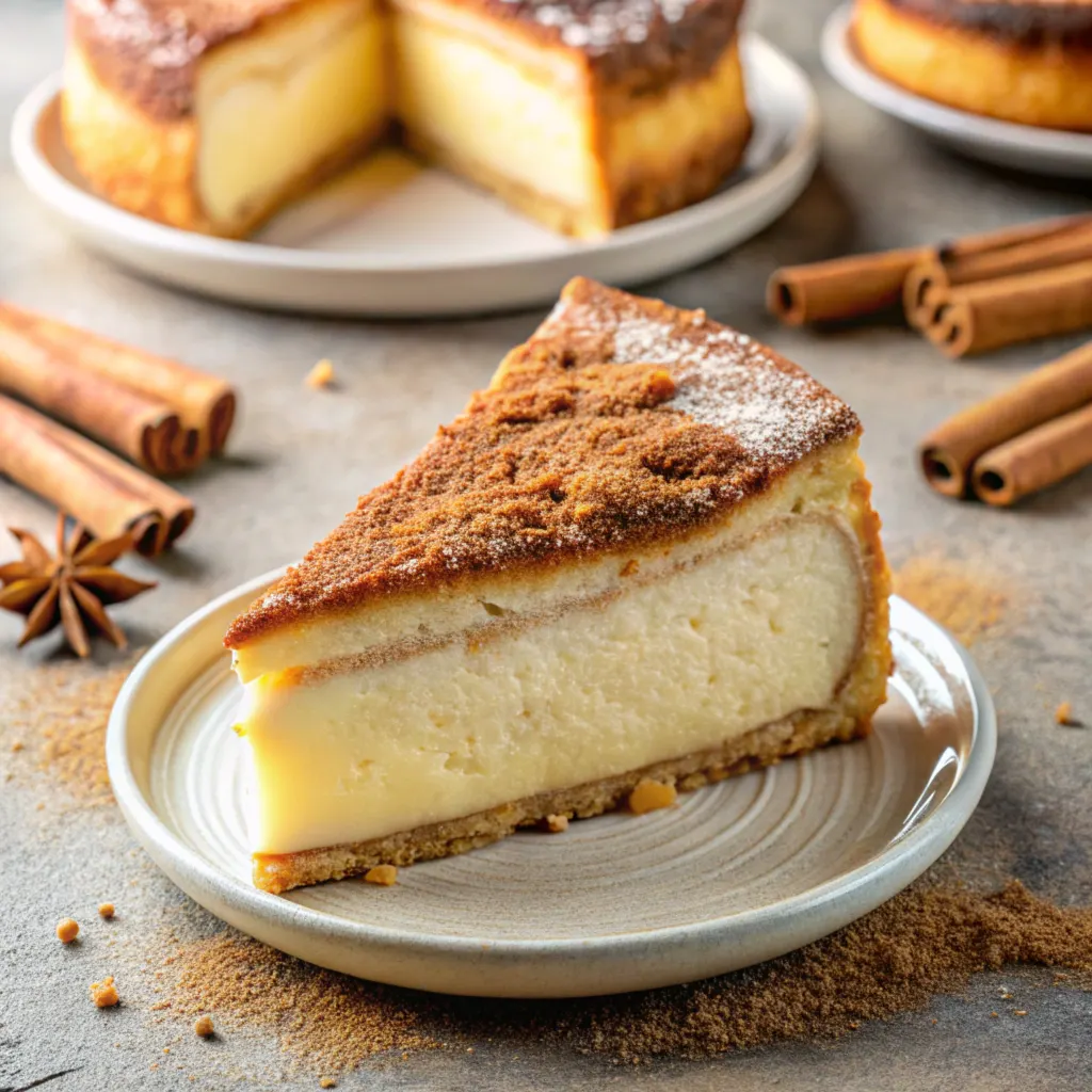 Churro-Cheesecake A slice of churro cheesecake with a golden cinnamon-sugar crust and creamy filling, garnished with cinnamon sticks on a modern kitchen counter