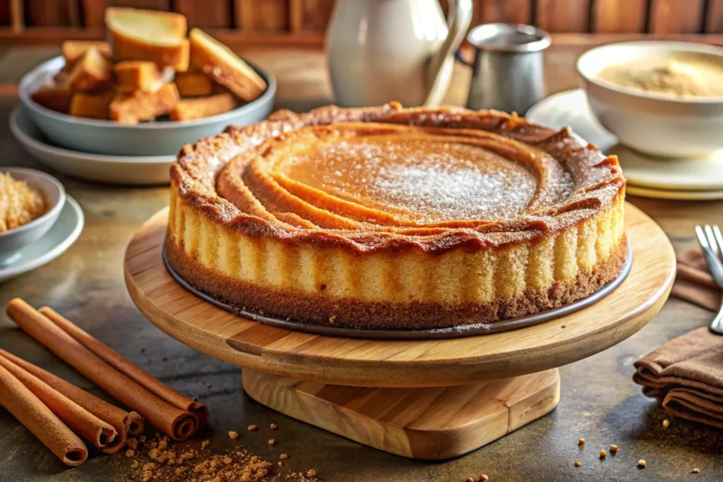 A full churro cheesecake topped with golden cinnamon-sugar on a wooden board with cinnamon sticks and a small bowl of sugar on a bright kitchen counter