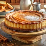 A full churro cheesecake topped with golden cinnamon-sugar on a wooden board with cinnamon sticks and a small bowl of sugar on a bright kitchen counter