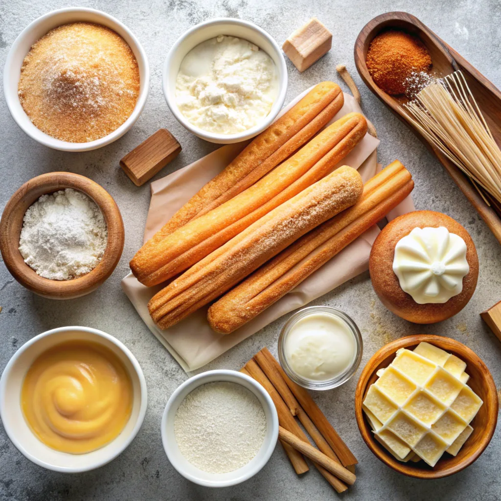 ingredient-to-make-Churro-Cheesecake Ingredients for churro cheesecake, including crescent roll dough, cream cheese, granulated sugar, ground cinnamon, vanilla extract, and melted butter on a modern kitchen counter.