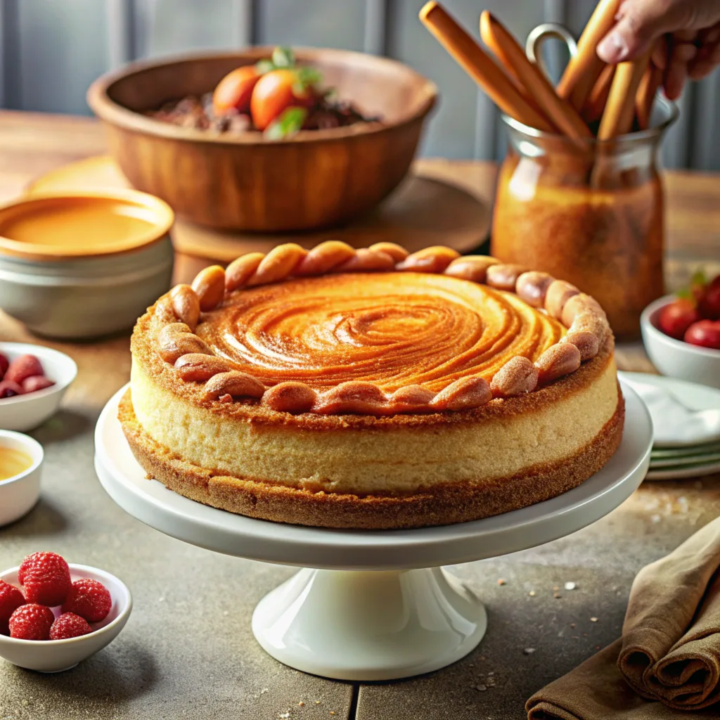 step-by-step-to-make-Churro-Cheesecake Layering crescent roll dough and cream cheese filling in a baking dish, with cinnamon-sugar and melted butter nearby.