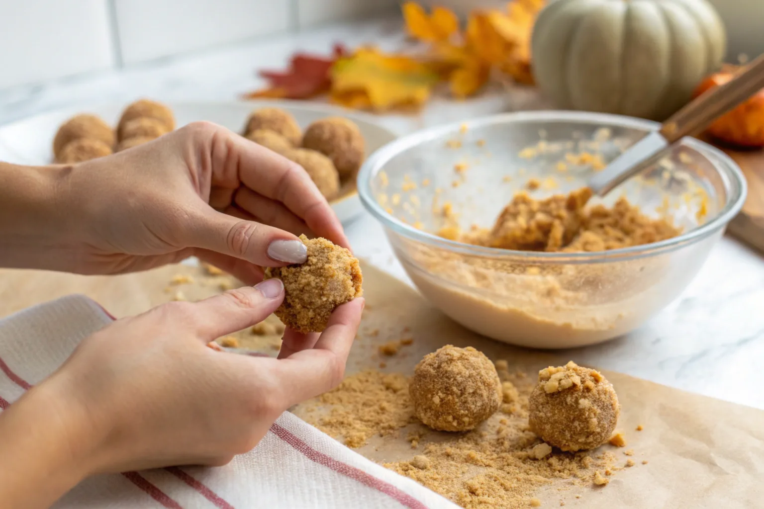 A-plate-of-no-bake-pumpkin-cheesecake-balls-rolled-in-graham-cracker-crumbs Hands rolling no bake pumpkin cheesecake balls in graham cracker crumbs, showcasing the step-by-step process of making the dessert.