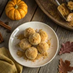 A platter of no bake pumpkin cheesecake balls in different variations, including chocolate-dipped and coconut-coated, with fall-themed decor.