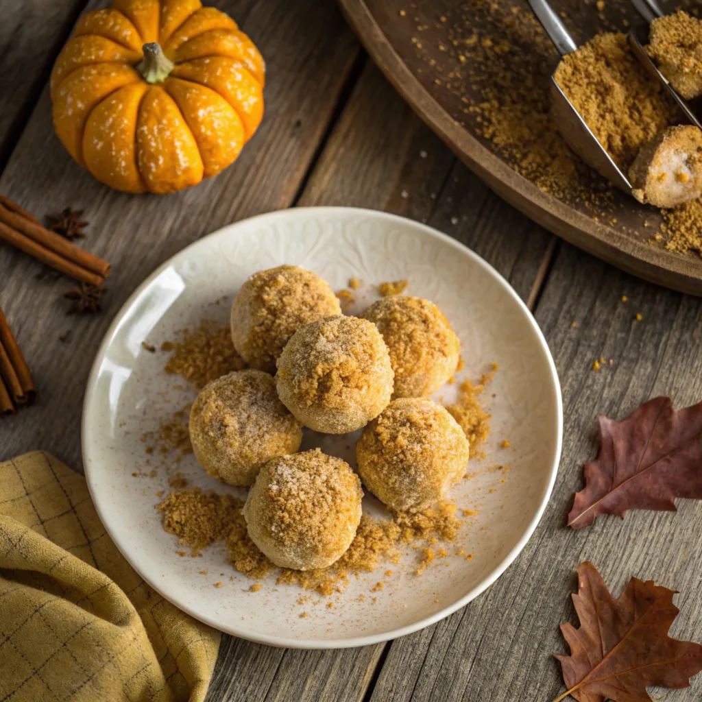 Finished-Dessert-A-plate-of-no-bake-pumpkin-cheesecake-balls-rolled-in-graham-cracker-crumbs A platter of no bake pumpkin cheesecake balls in different variations, including chocolate-dipped and coconut-coated, with fall-themed decor.