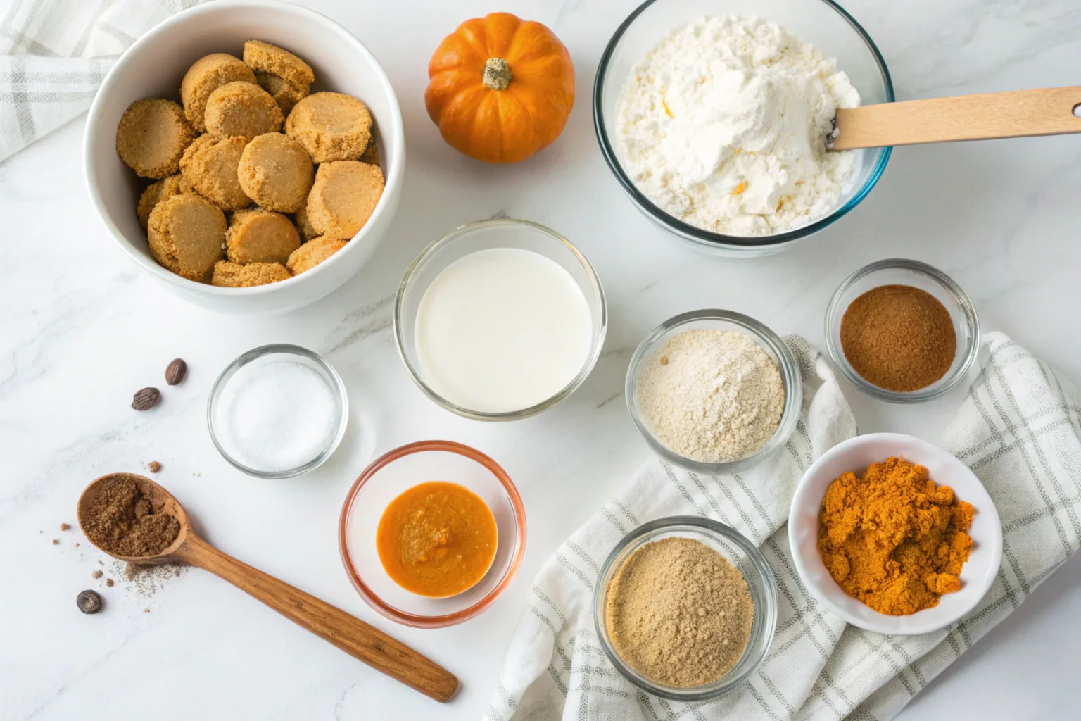 Ingredients-A-plate-of-no-bake-pumpkin-cheesecake-balls-rolled-in-graham-cracker-crumbs Ingredients for no bake pumpkin cheesecake balls arranged neatly on a white marble countertop, including cream cheese, pumpkin puree, and spices.