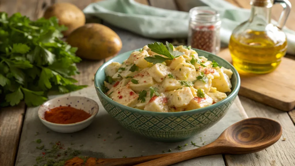 A featured image of Ozette potato salad on a white plate, garnished with parsley and paprika, with a blurred kitchen background