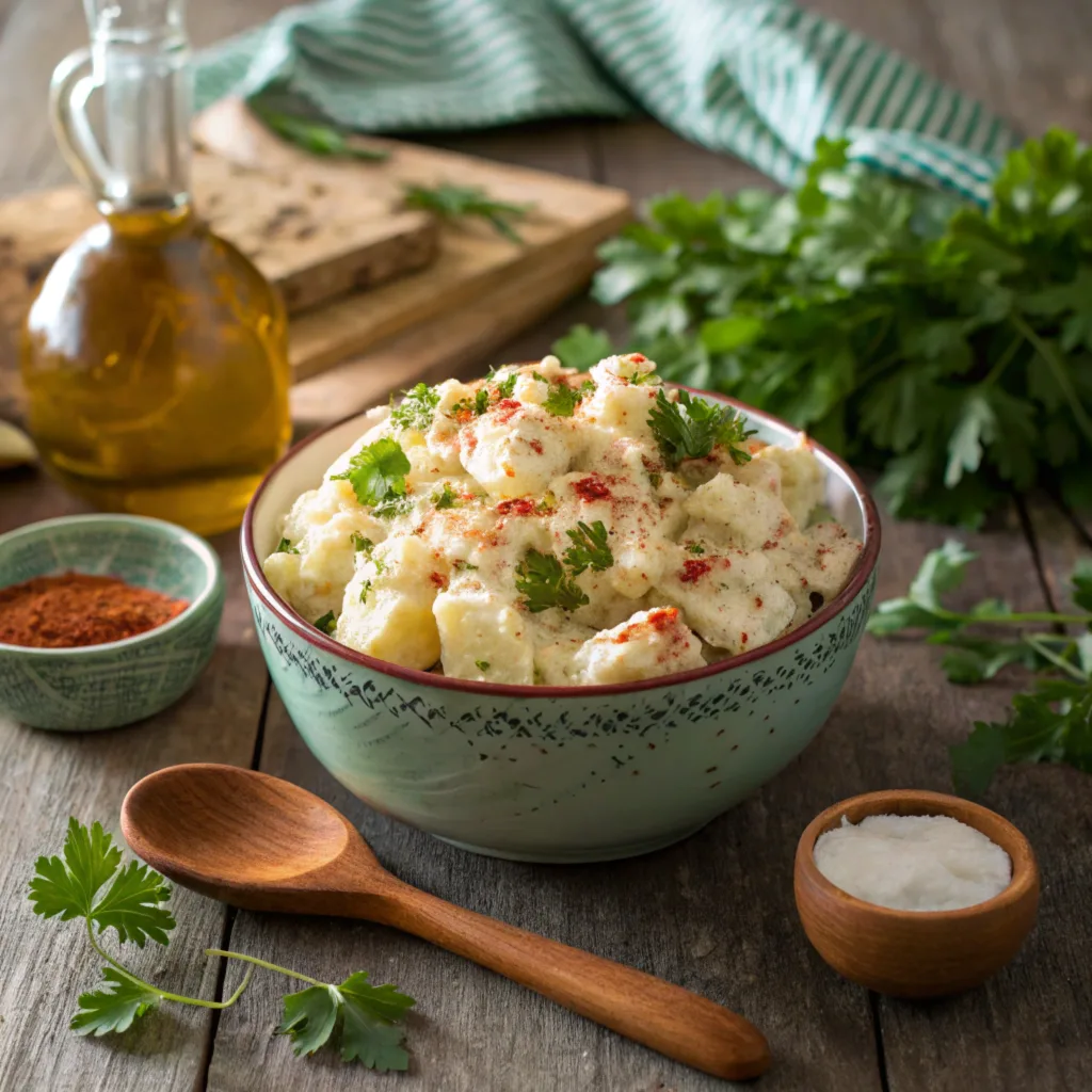 a-beautifully-arranged-serving-of-ozette-potato-sa A rustic bowl of creamy Ozette potato salad garnished with parsley and paprika, placed on a wooden table with natural light and kitchen props.