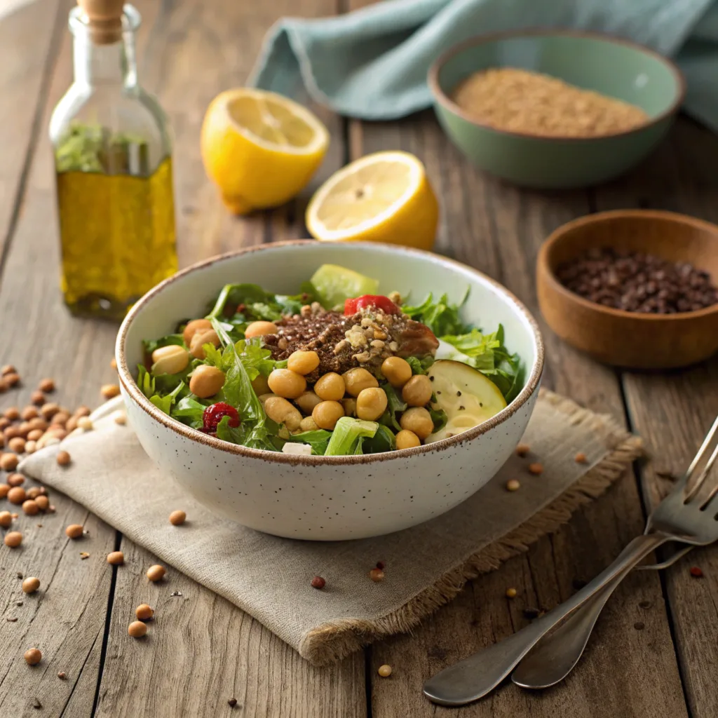 a-beautifully-plated-bowl-of-chickpea-and-flaxseed A bowl of freshly prepared chickpea and flaxseed salad on a rustic wooden table with fresh ingredients around it.