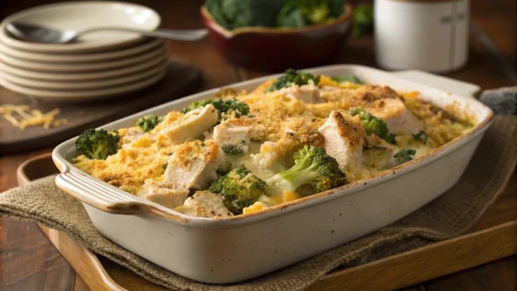 Freshly baked Chicken Divan casserole with golden breadcrumbs on a rustic wooden table.