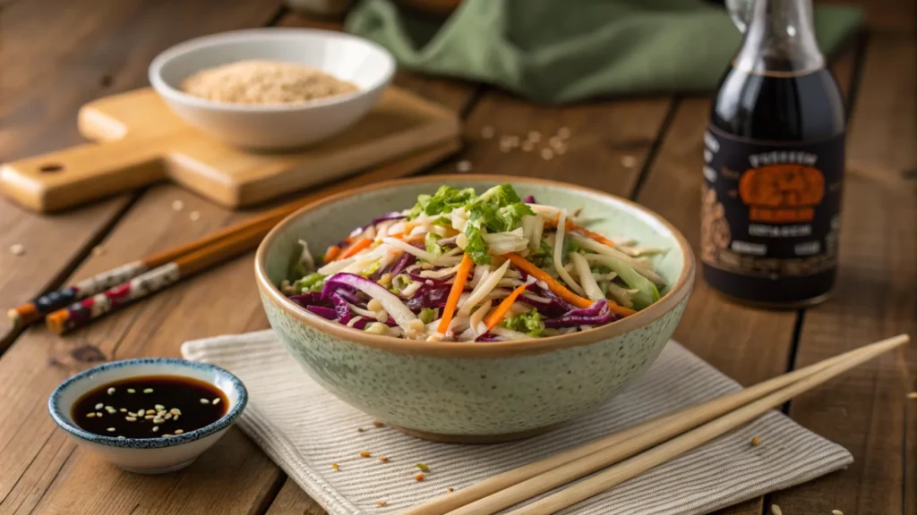 Vibrant Chinese coleslaw in a ceramic bowl, garnished with sesame seeds and surrounded by traditional Asian decor on a wooden table.1