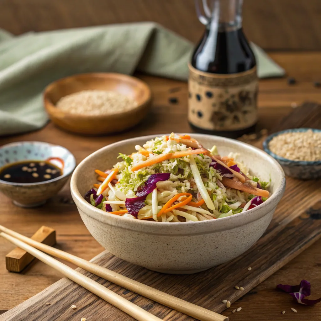 a-beautifully-plated-chinese-coleslaw-in-a-ceramic Vibrant Chinese coleslaw in a ceramic bowl, garnished with sesame seeds and surrounded by traditional Asian decor on a wooden table.