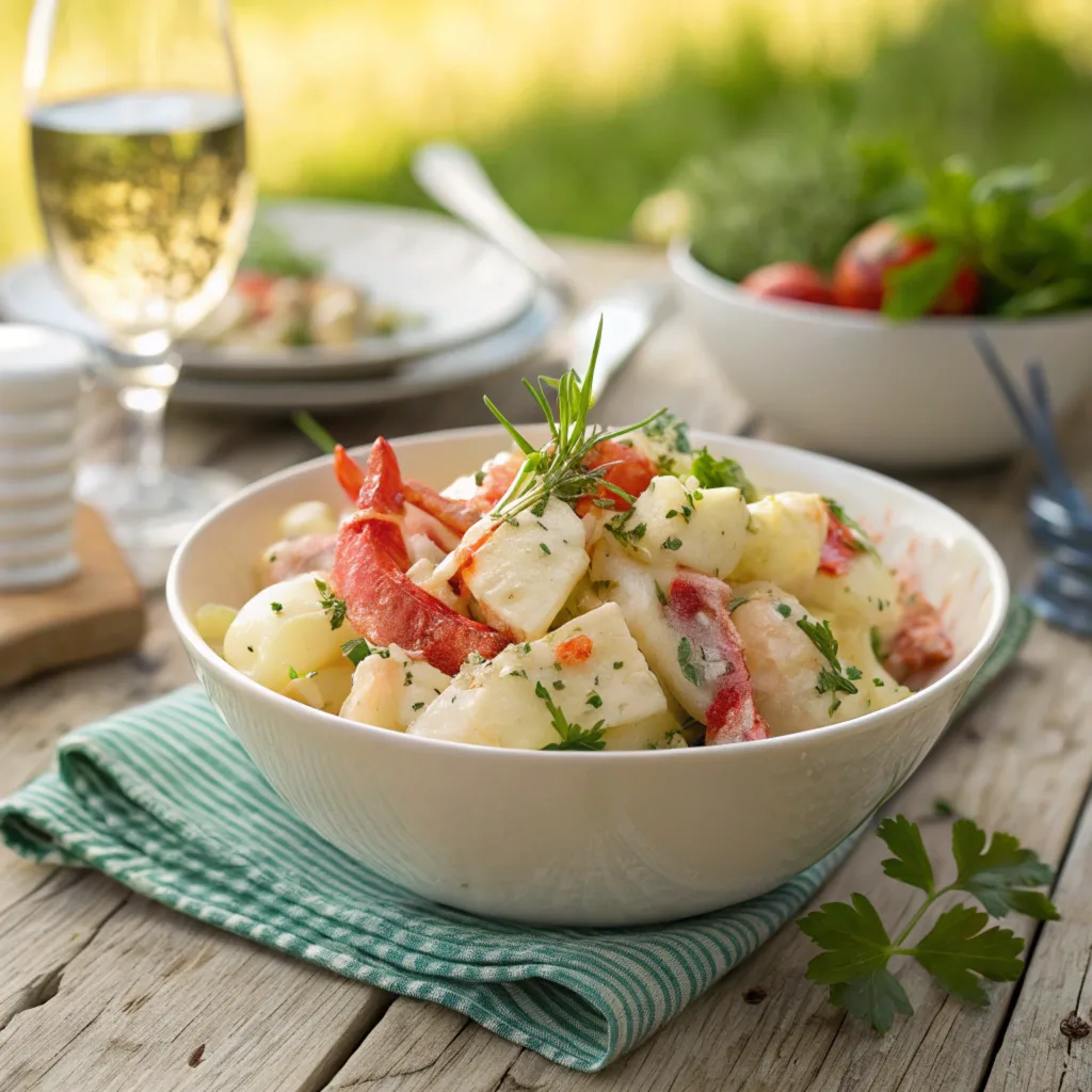 a-beautifully-plated-lobster-potato-salad-served-o A close-up of lobster potato salad served in a white ceramic bowl on a rustic wooden table, garnished with fresh herbs, with a picnic setting in the background.
