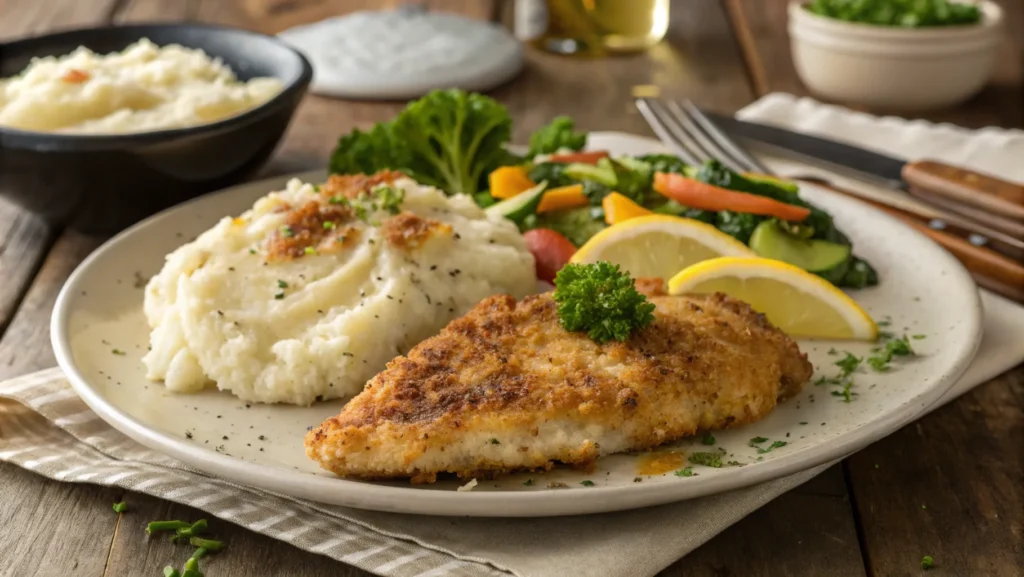 Close-up of Longhorn Parmesan Crusted Chicken with a golden crust, steam rising, and garnished with parsley and lemon.
