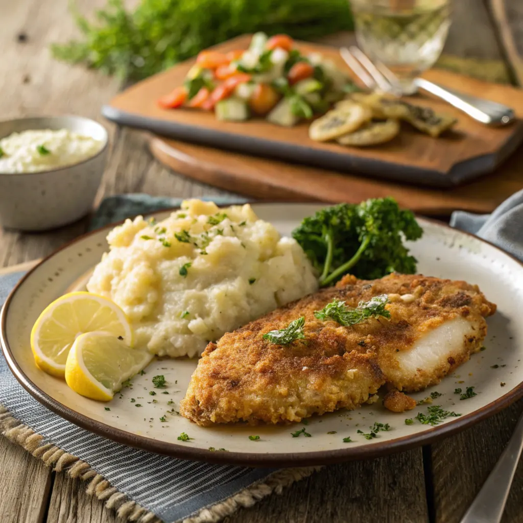 a-beautifully-plated-longhorn-parmesan-crusted-chi Plated Longhorn Parmesan Crusted Chicken with roasted asparagus and mashed potatoes, featuring a golden, crispy crust