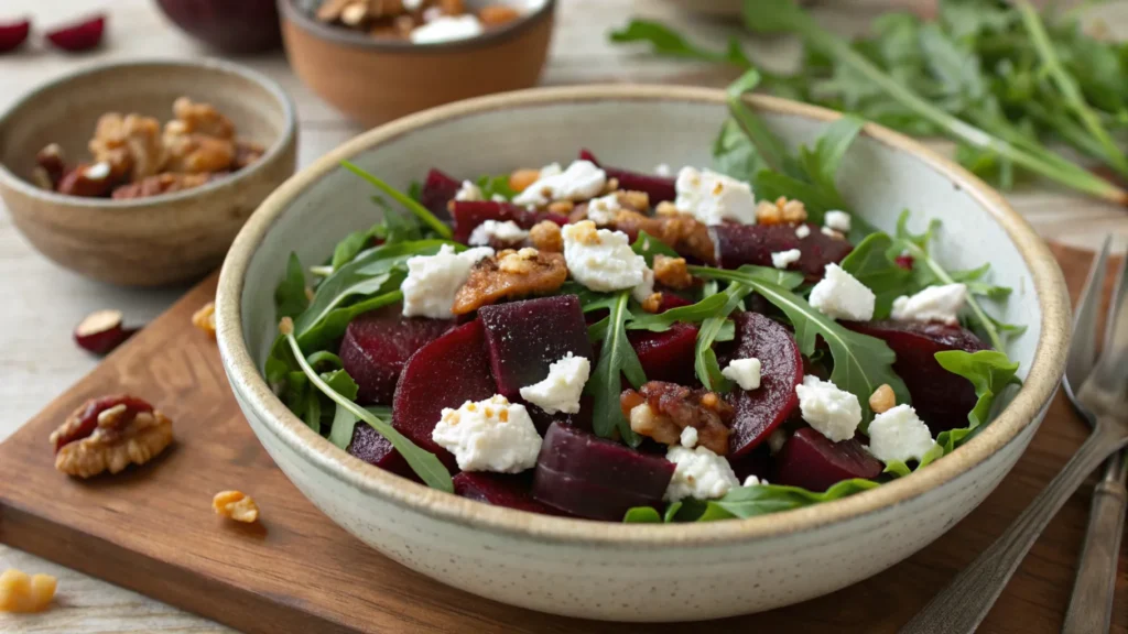 A beautifully styled Balthazar beet salad on a kitchen counter, surrounded by fresh ingredients and a bowl of vinaigrette.