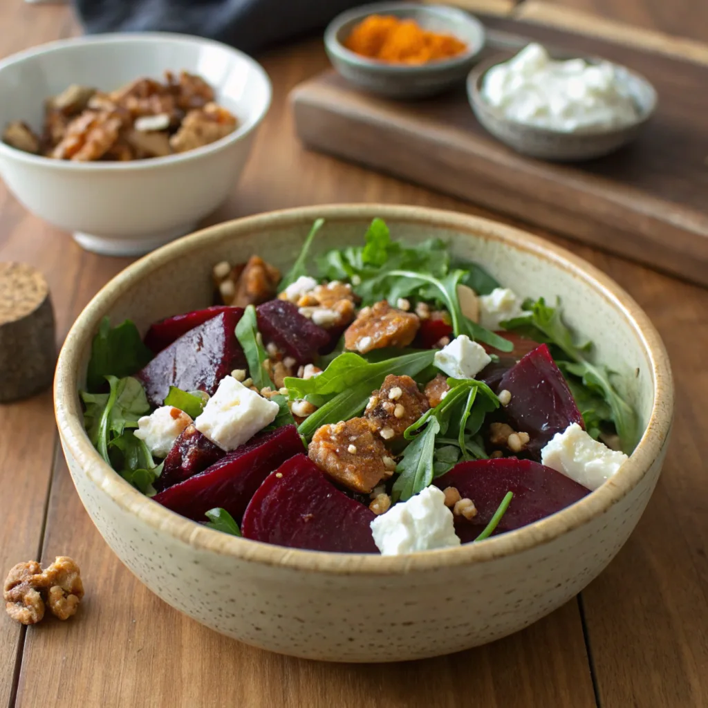 a-beautifully-presented-homemade-balthazar-beet-sa A vibrant Balthazar beet salad served in a rustic bowl on a wooden table, showcasing fresh ingredients like beets, greens, goat cheese, and walnuts.