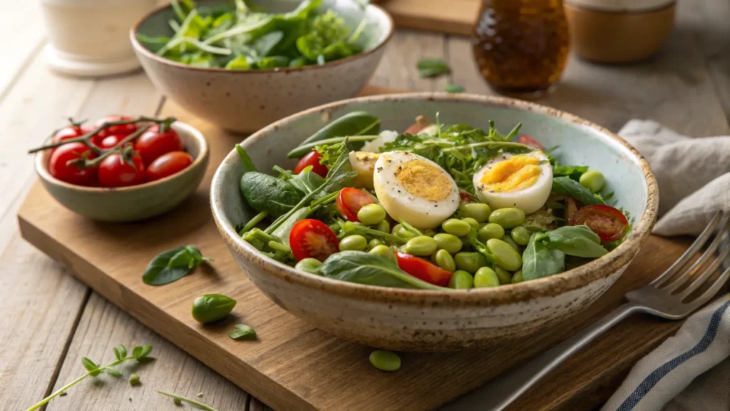 A finished bowl of edamame egg salad served on a light surface with a fork and dressing nearby, styled simply for a fresh look