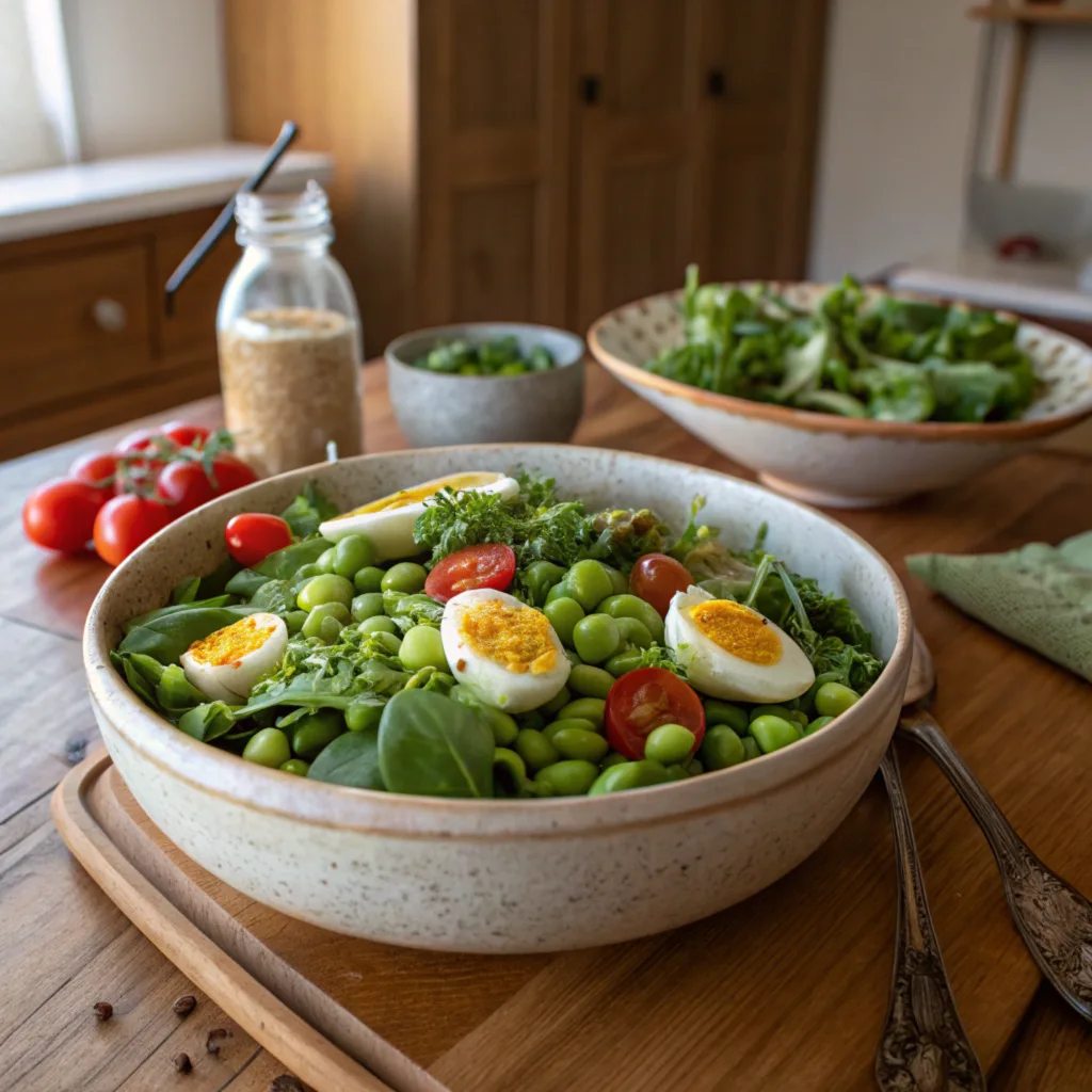 a-beautifully-styled-homemade-edamame-egg-salad-se A vibrant bowl of edamame egg salad, showcasing a mix of greens, edamame, cherry tomatoes, and boiled eggs on a wooden table.