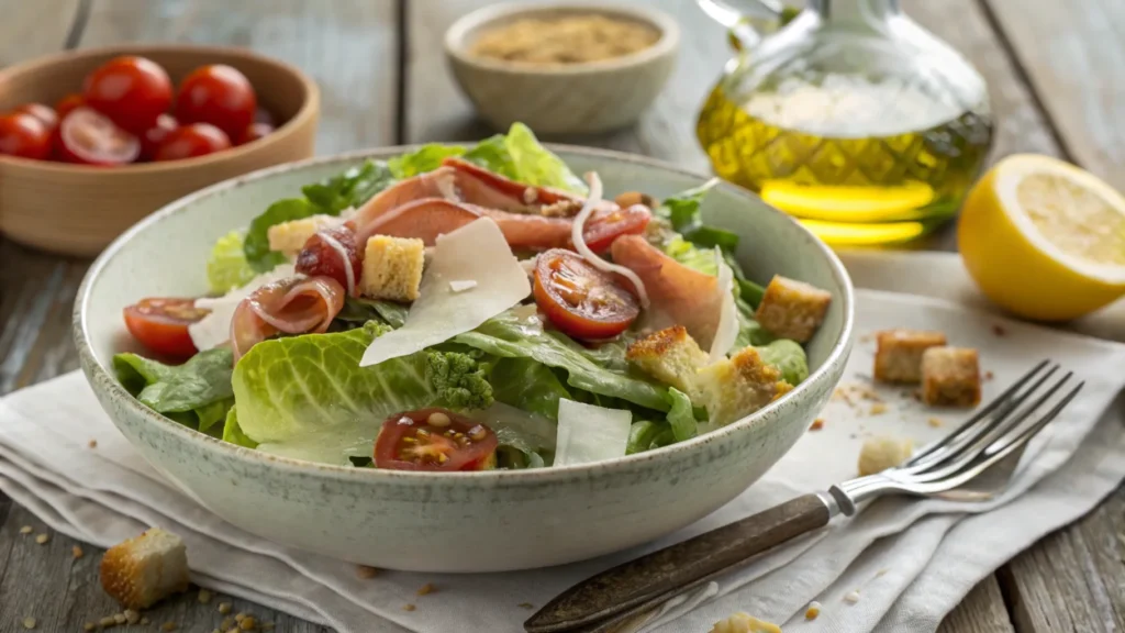 Romaine Salad with Prosciutto displayed in a white bowl, with lettuce, prosciutto, parmesan, cherry tomatoes, and croutons, drizzled with olive oil and lemon juice, on a rustic table.