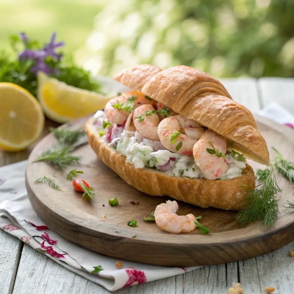 a-beautifully-styled-shrimp-salad-sandwich-served- A rustic presentation of Shrimp Salad Sandwich on a wooden plate, featuring creamy shrimp filling in buttery croissants, surrounded by herbs and lemon wedges in a natural summer settings