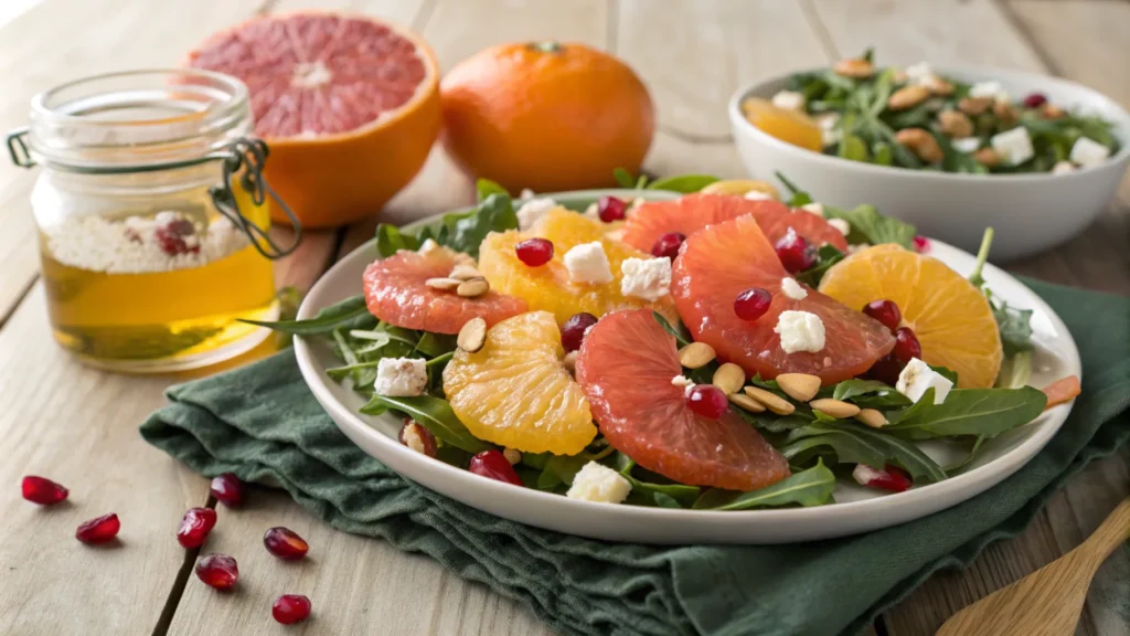 Vibrant Winter Citrus Salad with oranges, grapefruits, arugula, feta cheese, and pomegranate seeds, styled on a rustic wooden table