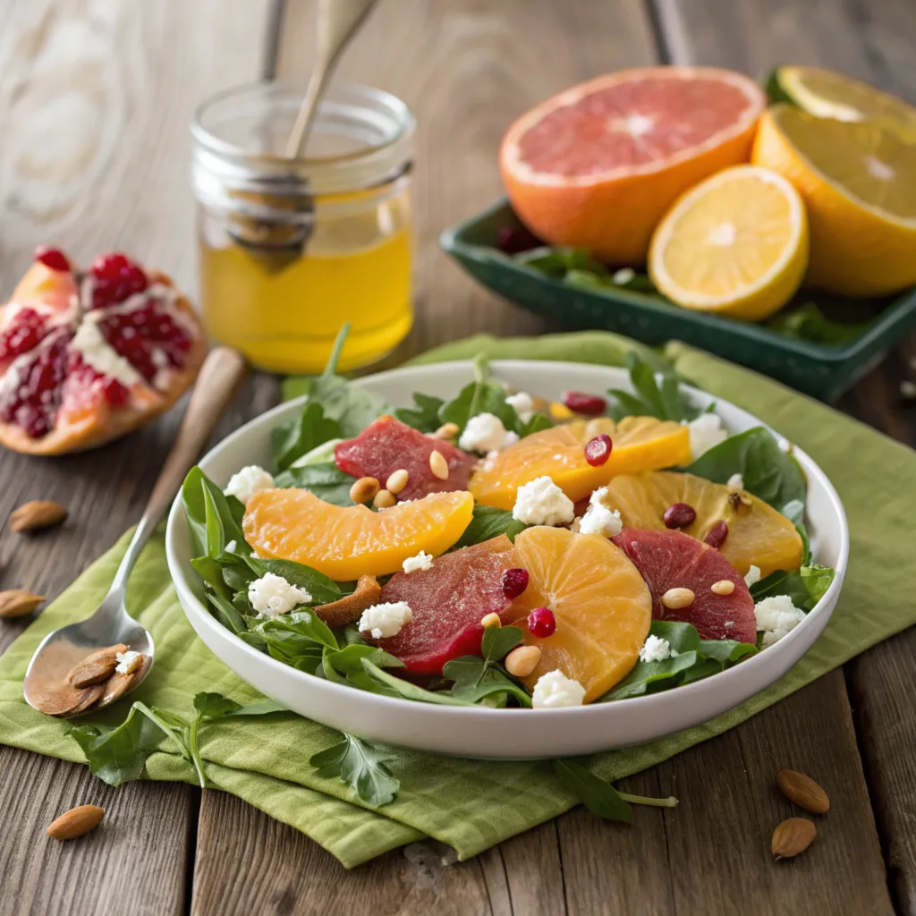 a-beautifully-styled-winter-citrus-salad-displayed Vibrant Winter Citrus Salad with oranges, grapefruits, arugula, feta cheese, and pomegranate seeds, styled on a rustic wooden table1