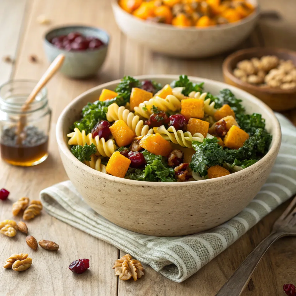 a-beautifully-styled-winter-pasta-salad-served-in- Winter Pasta Salad with vibrant roasted vegetables, kale, cranberries, and pasta in a rustic ceramic bowl on a wooden table