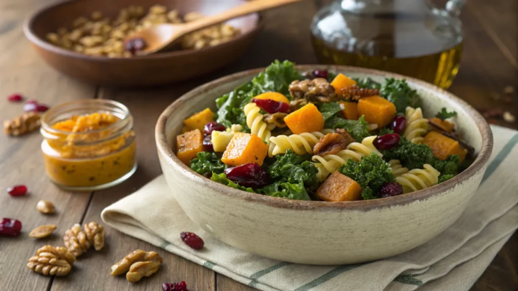 Winter Pasta Salad with vibrant roasted vegetables, kale, cranberries, and pasta in a rustic ceramic bowl on a wooden table 1
