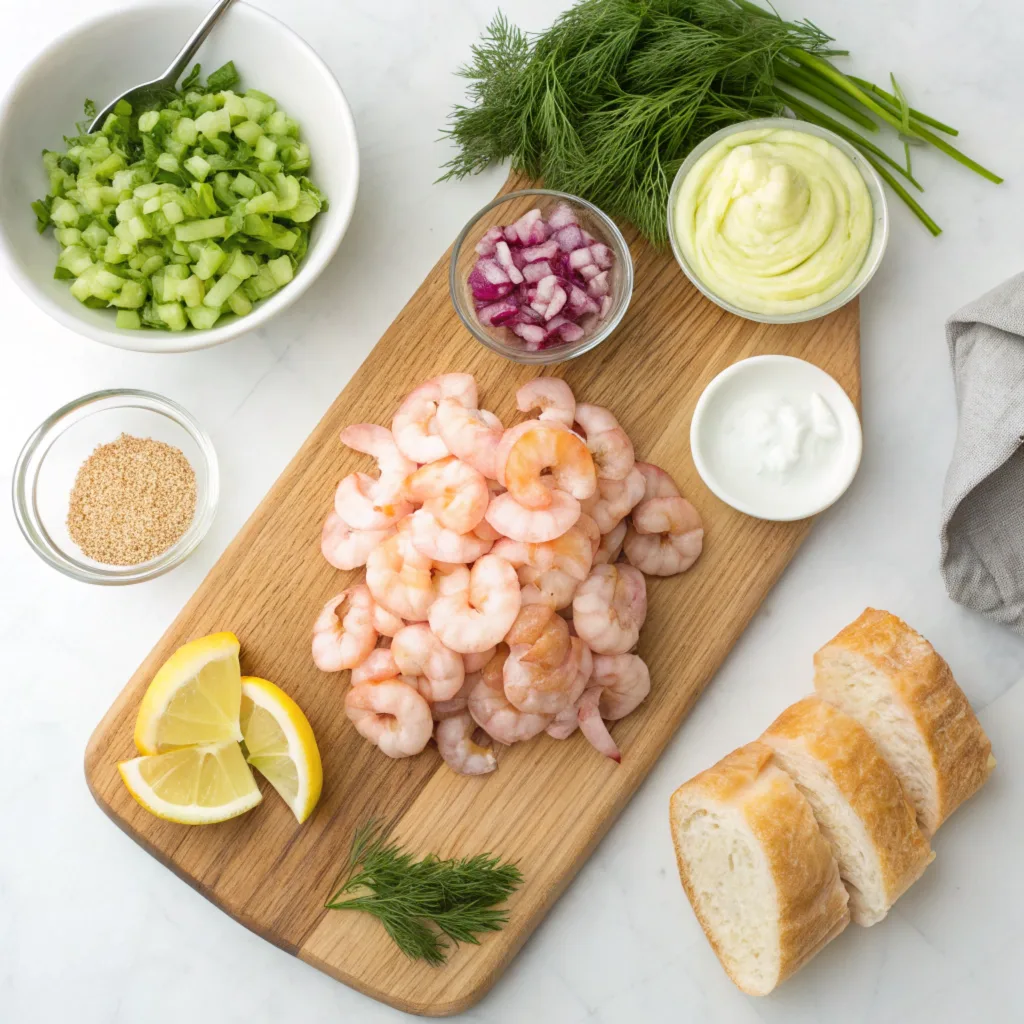 a-clean-and-organized-overhead-shot-of-the-ingredi An overhead view of ingredients for a Shrimp Salad Sandwich, including shrimp, celery, red onion, dill, mayonnaise, mustard, lemon wedges, and bread, displayed on a cutting board and bowls.