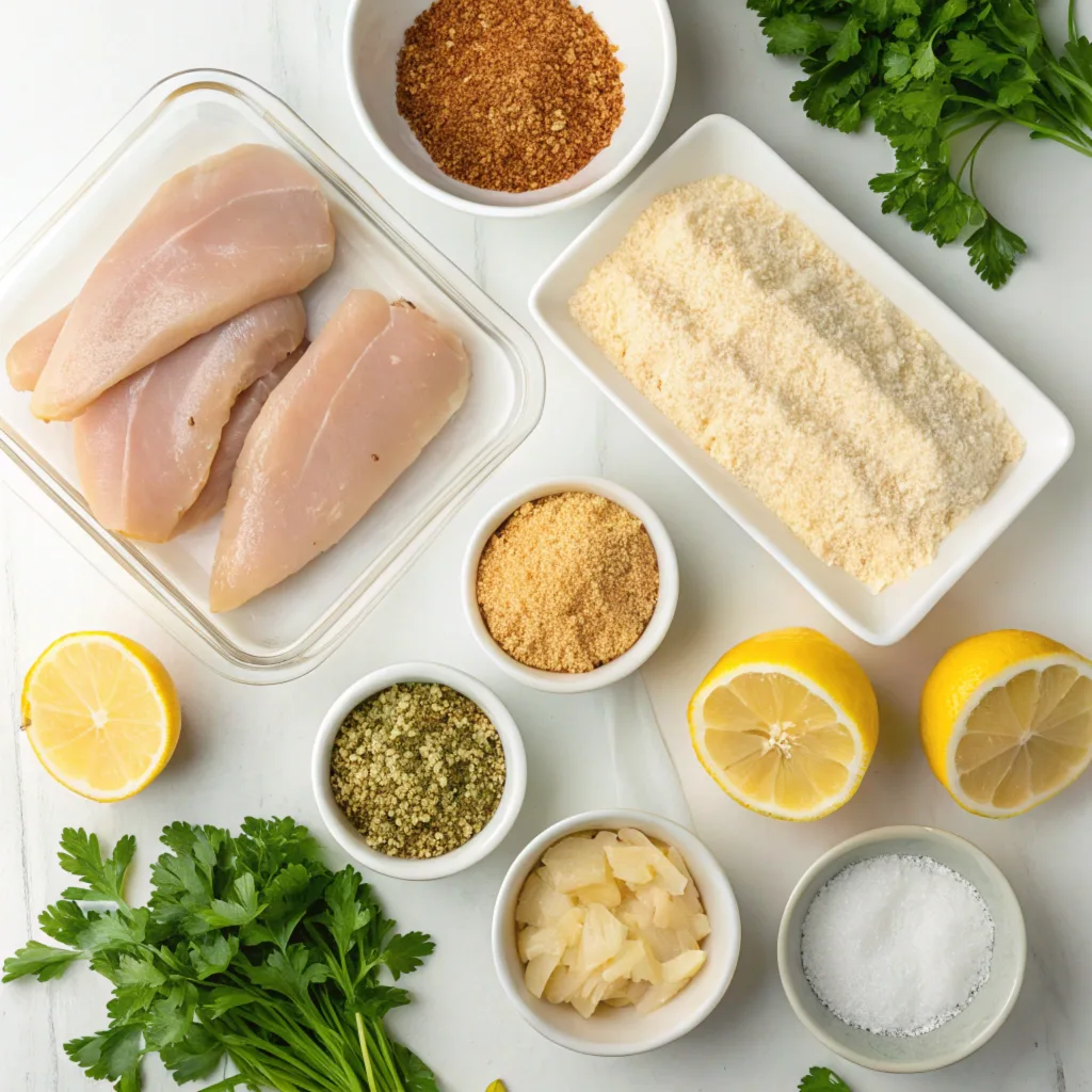 a-clean--organized-flat-lay-of-fresh-ingredients-f Flat-lay of fresh ingredients for Longhorn Parmesan Crusted Chicken, including chicken breasts, cheeses, breadcrumbs, and spices.