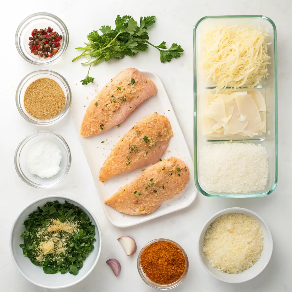 a-clean--organized-flat-lay-of-fresh-step-by-step- Step-by-step preparation of Longhorn Parmesan Crusted Chicken, including seasoning, breading, and arranging on a baking tray.