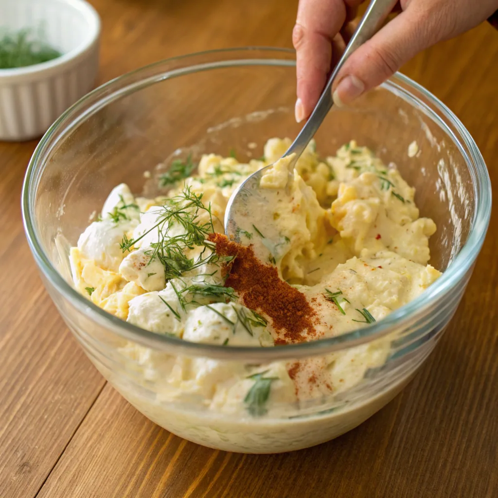 a-close-up-action-shot-of-a-person-mixing-egg-sala Mixing ingredients for egg salad with pickles in a glass bowl on a wooden table.