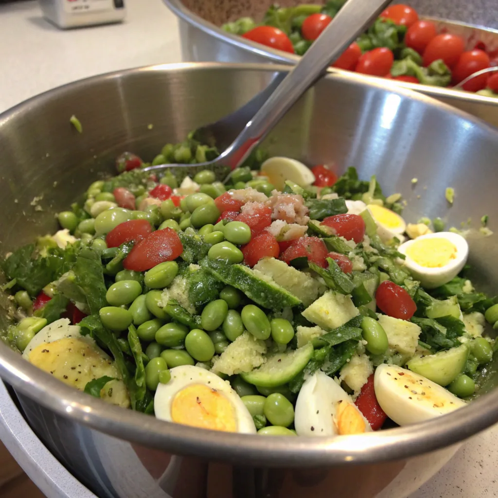 a-close-up-image-of-hands-tossing-the-prepared-eda Hands tossing a fresh edamame egg salad in a mixing bowl, highlighting the vibrant mix of greens, vegetables, and eggs.
