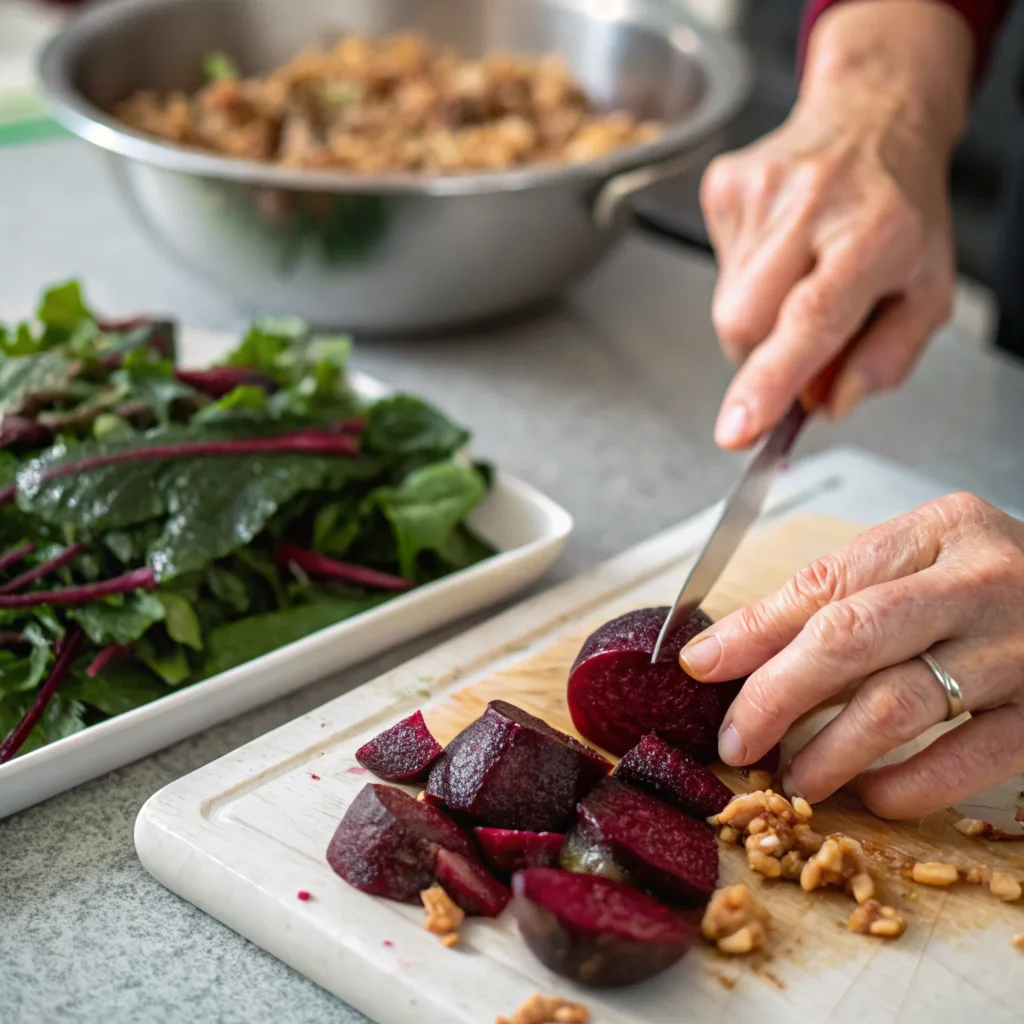 a-close-up-of-hands-peeling-roasted-beets-over-a-c Hands peeling roasted beets for Balthazar beet salad, with prepared greens and toasted walnuts in the background.