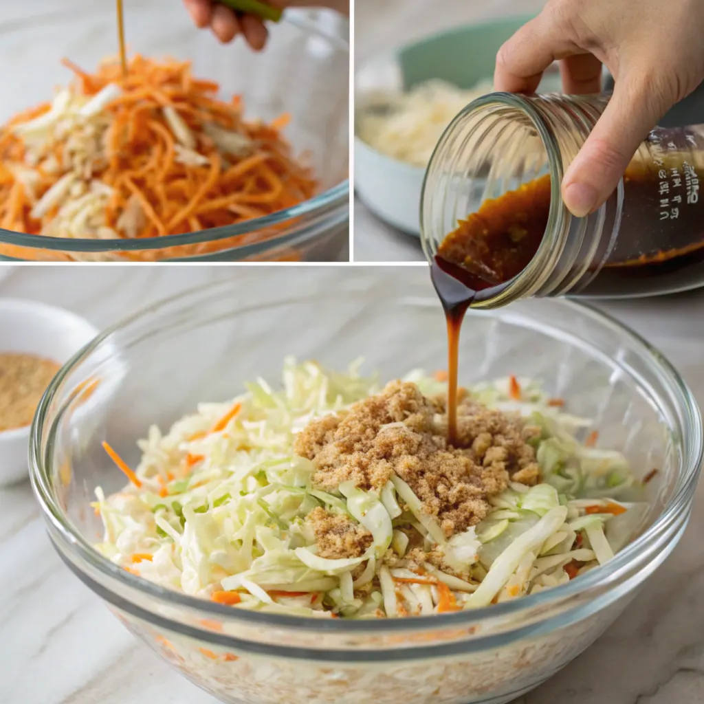 a-close-up-series-of-steps-showing-the-preparation Step-by-step preparation of Chinese coleslaw, showing cabbage and carrots being mixed, toppings added, dressing poured, and the final toss in a glass bowl.