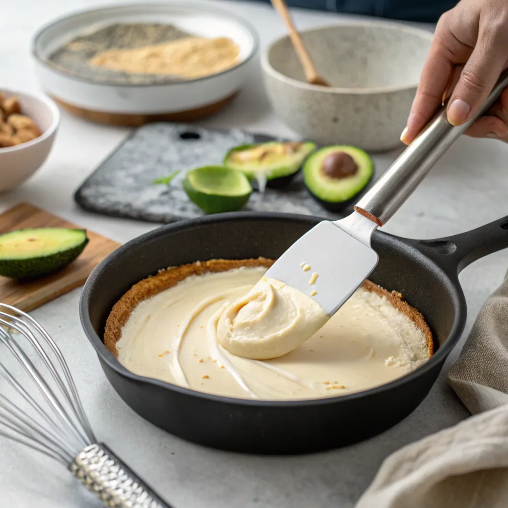 -a-close-up-shot-of-the-process-of-spreading-the-c (1) Spreading the creamy filling for the best healthy protein cheesecake by avocado skillet with a spatula on a modern kitchen countertop.