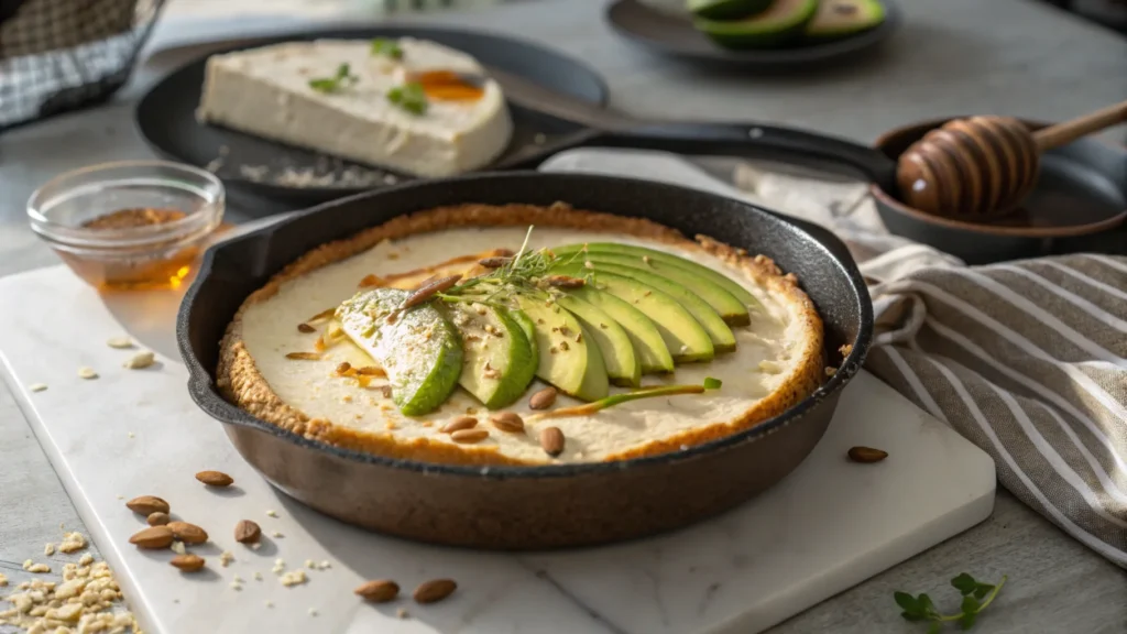 Featured image of best healthy protein cheesecake by avocado skillet garnished with fresh ingredients, set on a modern kitchen countertop.