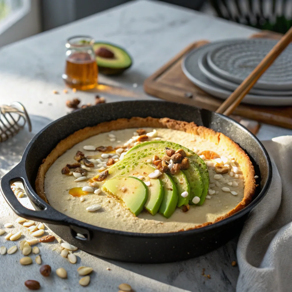 a-finished-protein-cheesecake-served-in-a-skillet- (1) Best healthy protein cheesecake by avocado skillet on a modern kitchen countertop, garnished with avocado slices and honey drizzle.