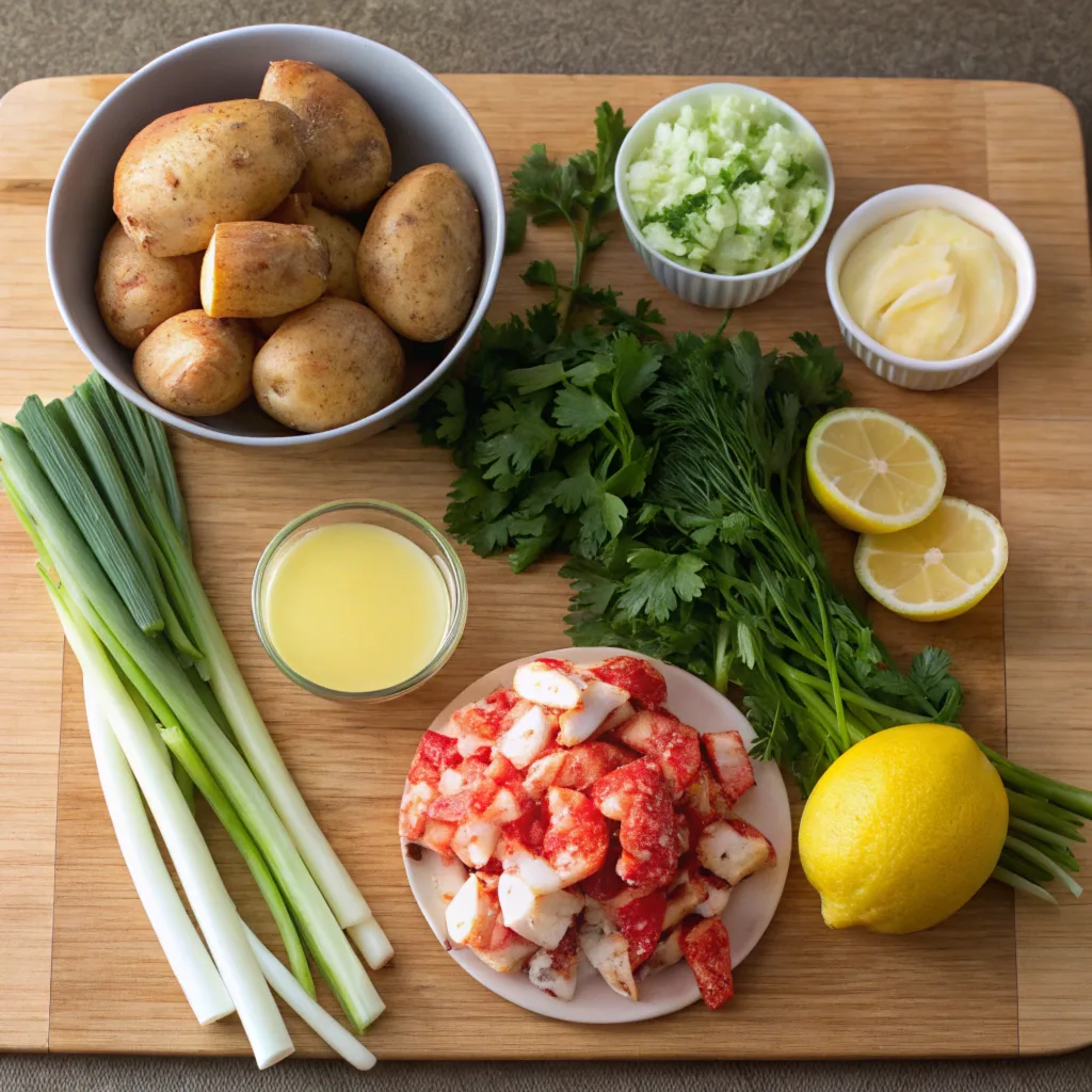 a-flat-lay-of-fresh-ingredients-for-lobster-potato A flat lay of fresh ingredients for lobster potato salad on a wooden cutting board, including potatoes, lobster, herbs, and seasonings.