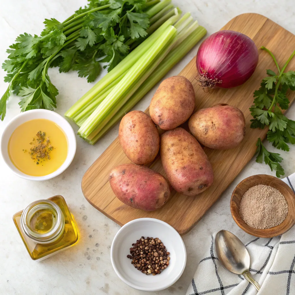 a-flat-lay-of-fresh-ozette-potatoes--celery-stalks A flat lay of fresh Ozette potatoes, celery, red onion, parsley, and spices on a cutting board, accompanied by olive oil, mustard, and vinegar.