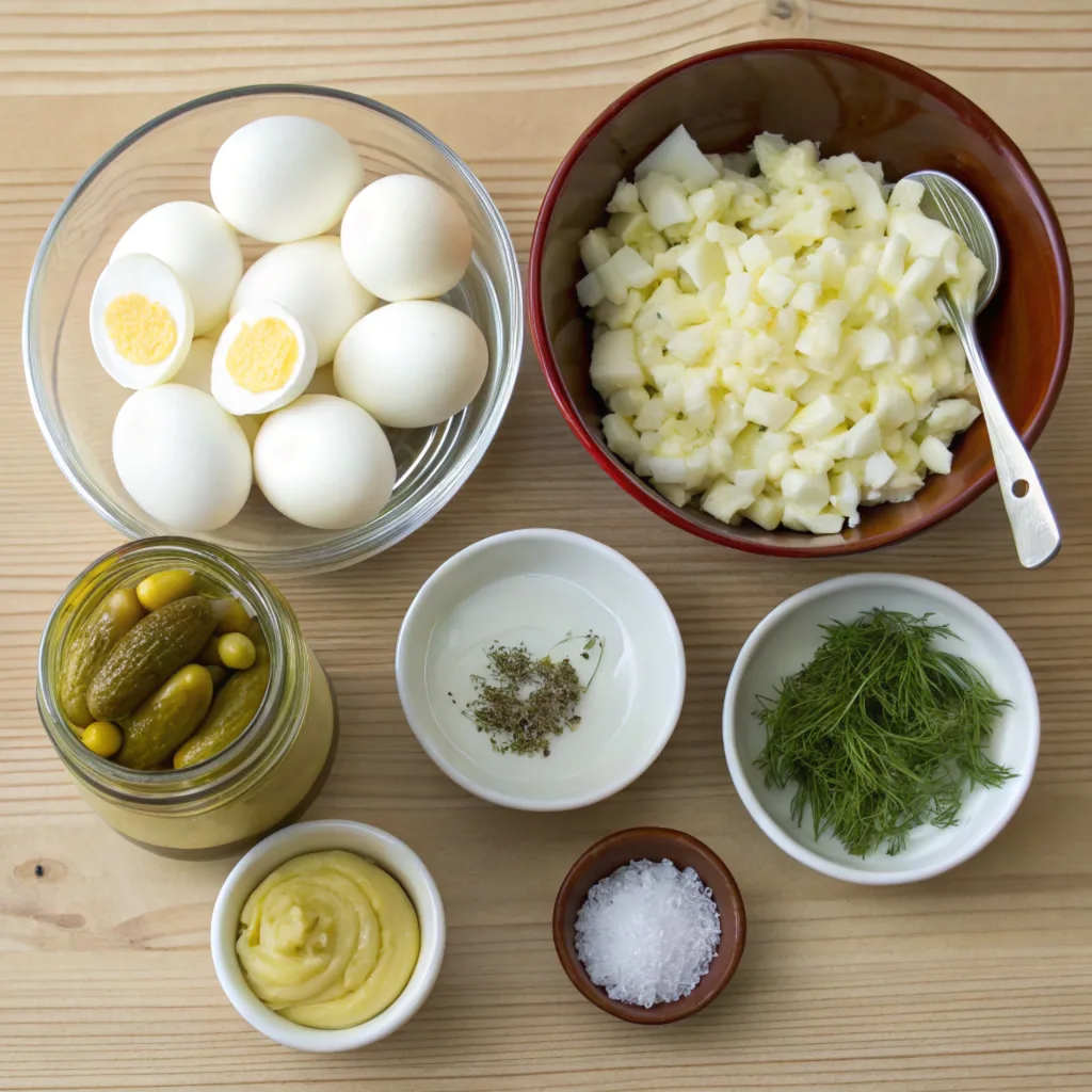 a-flat-lay-of-ingredients-for-the-egg-salad-recipe Ingredients for egg salad recipe: hard-boiled eggs, mayo, Dijon mustard, dill pickles, paprika, pickle juice, salt, and pepper on a wooden table.