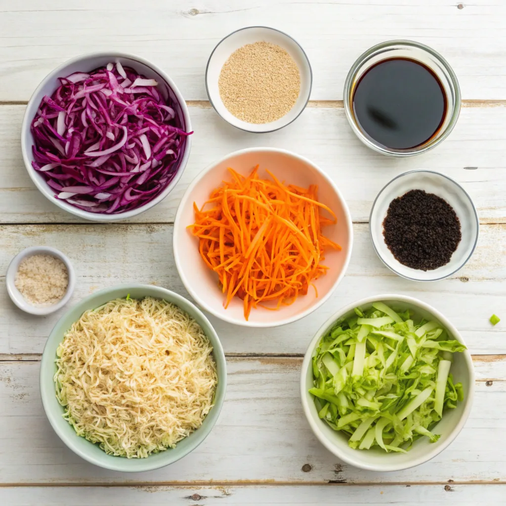 a-flat-lay-of-the-ingredients-for-chinese-coleslaw Flat lay of colorful ingredients for Chinese coleslaw, including cabbage, carrots, scallions, almonds, sesame seeds, and seasonings on a wooden surface