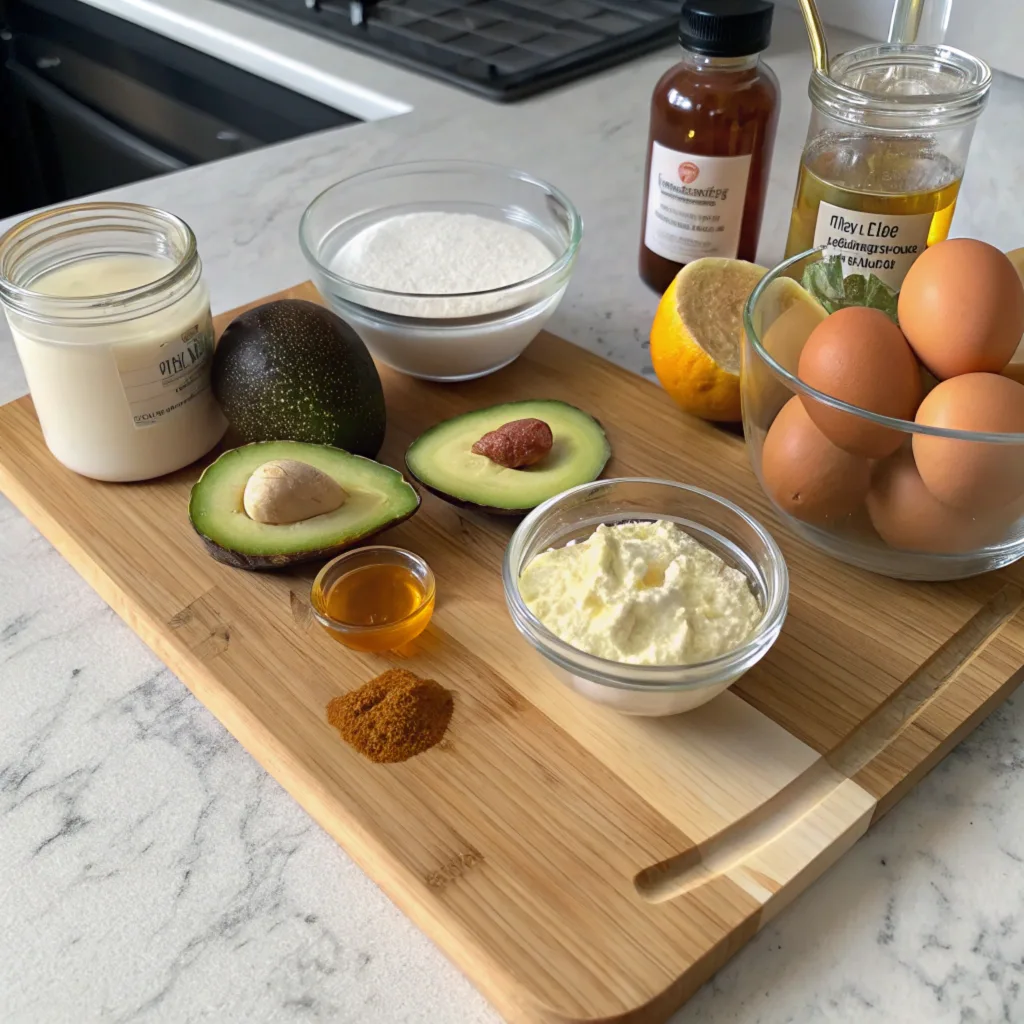 a-flat-lay-photo-of-the-recipe-ingredients-arrange Ingredients for best healthy protein cheesecake by avocado skillet, including avocados, protein powder, Greek yogurt, and almond flour, displayed casually on a kitchen countertop.