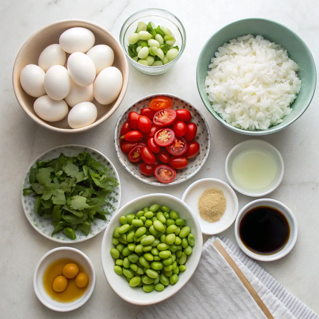 a-flat-lay-shot-of-the-fresh-ingredients-for-edama A top-down view of edamame egg salad ingredients, including edamame, boiled eggs, greens, cucumber, cherry tomatoes, and olive oil.