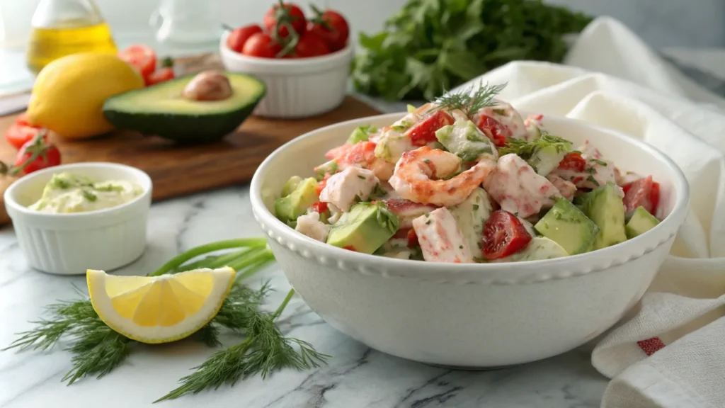 Beautifully styled lobster salad on a rustic table, with a coastal vibe and fresh ingredients highlighted in natural light.