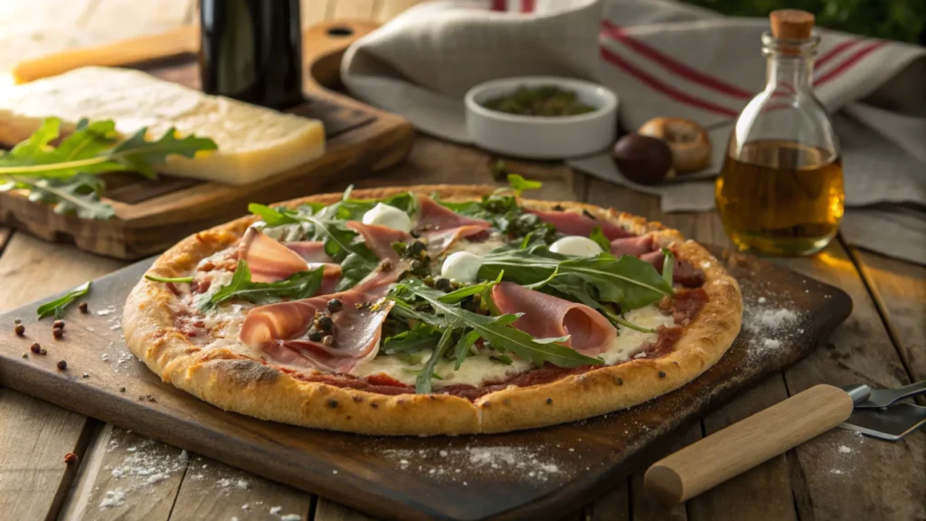 A freshly baked Prosciutto and Arugula Pizza topped with mozzarella, prosciutto, arugula, and balsamic glaze on a rustic table, showcasing the perfect balance of flavors.