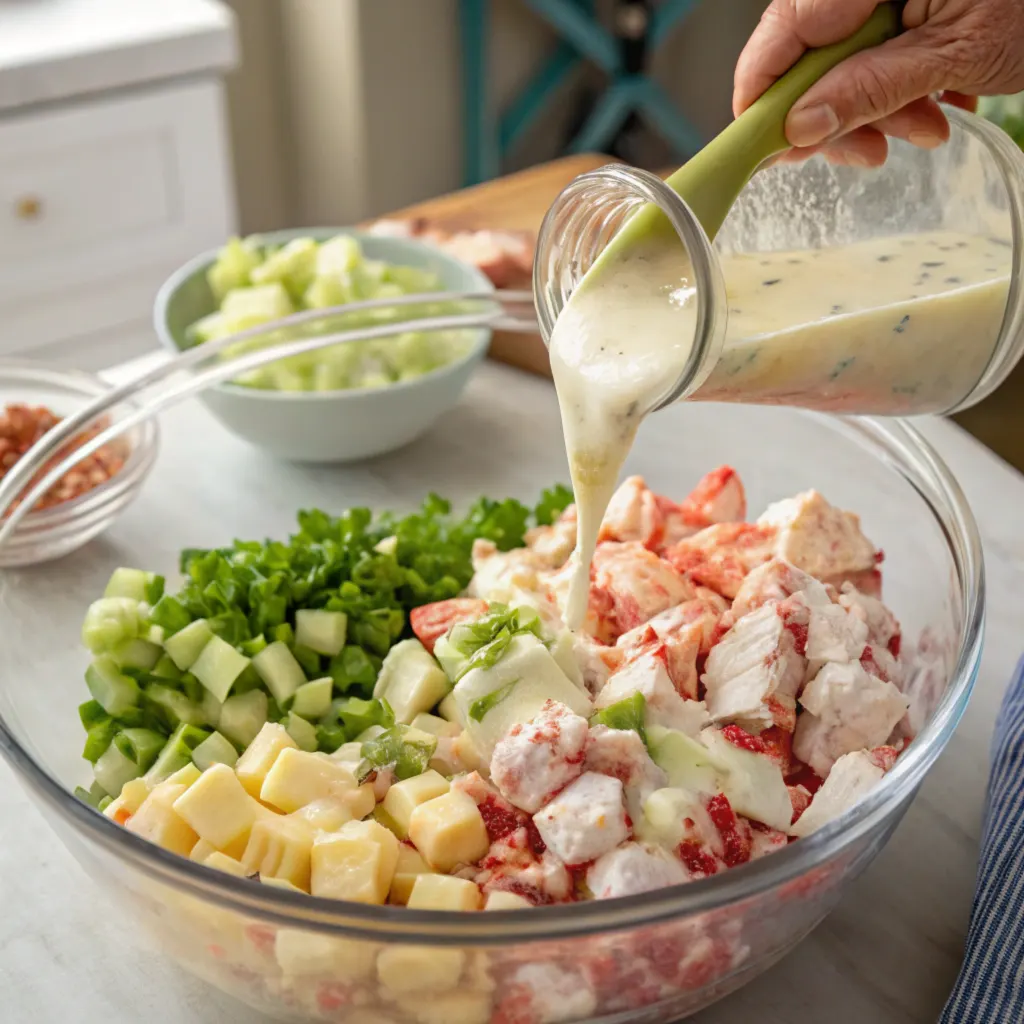 a-person-s-hands-gently-mixing-lobster-potato-sala Hands mixing lobster potato salad in a glass bowl with visible ingredients like lobster, potatoes, and celery in a creamy dressing.