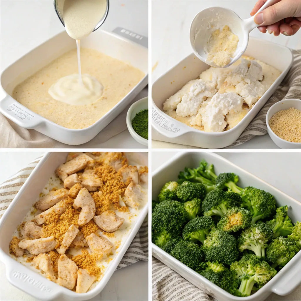a-step-by-step-visual-of-assembling-chicken-divan- Step-by-step process of assembling Chicken Divan casserole with chicken, broccoli, and creamy sauce