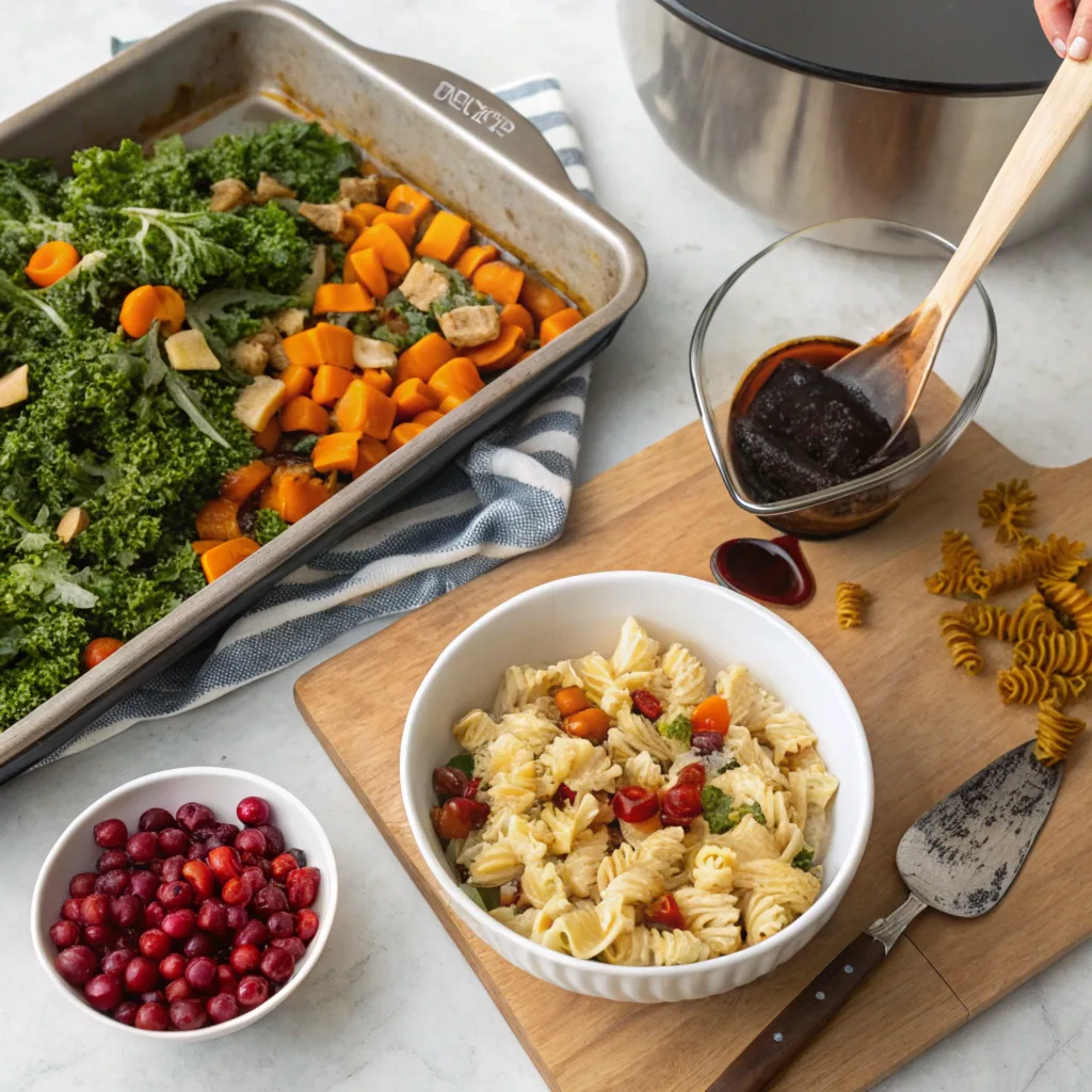 a-step-by-step-visual-of-making-winter-pasta-salad Step-by-step preparation of Winter Pasta Salad featuring roasted vegetables, cooked pasta, chopped kale, and balsamic dressing being added to the salad.