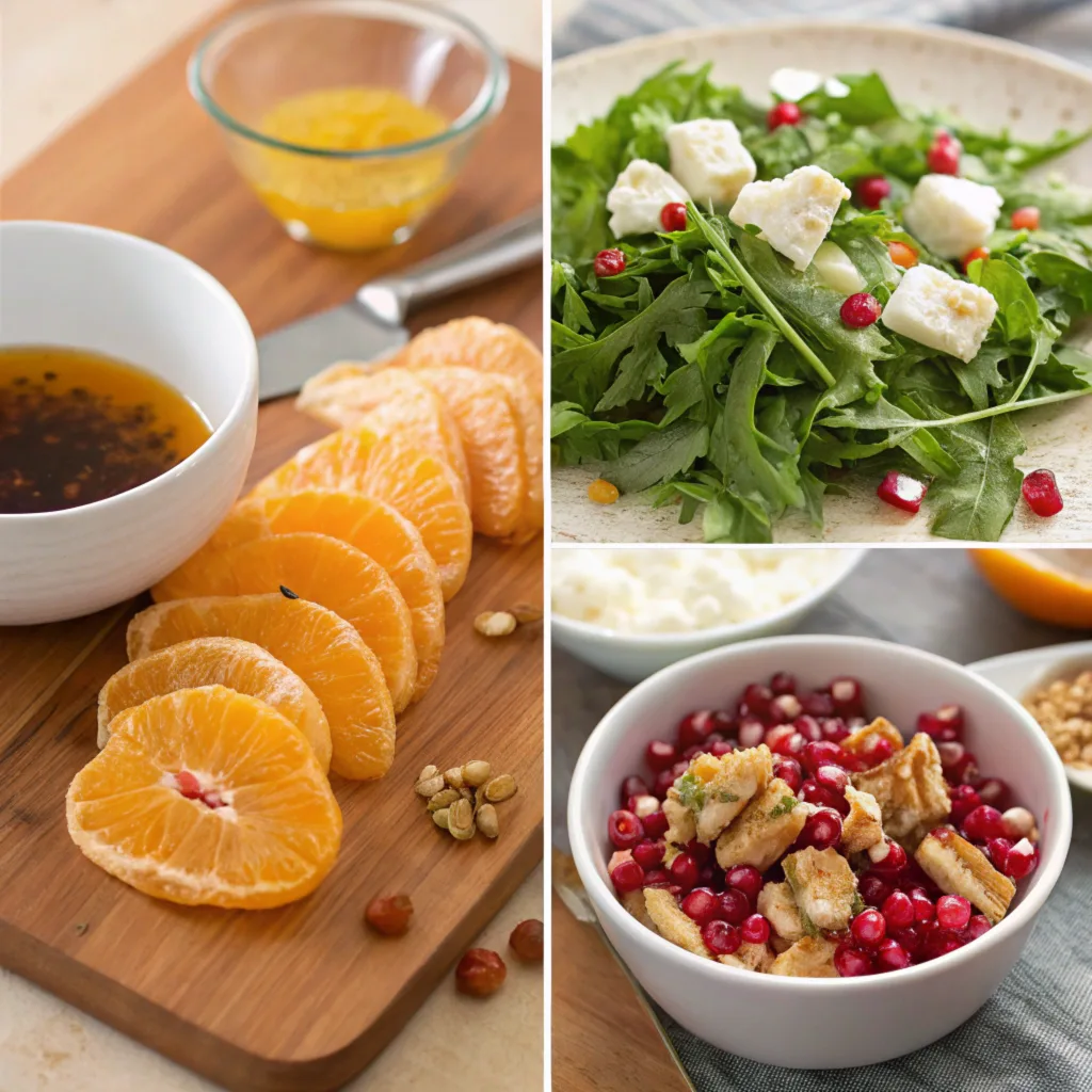 a-step-by-step-visual-of-preparing-winter-citrus-s Step-by-step preparation of Winter Citrus Salad, showcasing citrus slicing, dressing mixing, and salad assembly with vibrant ingredients.